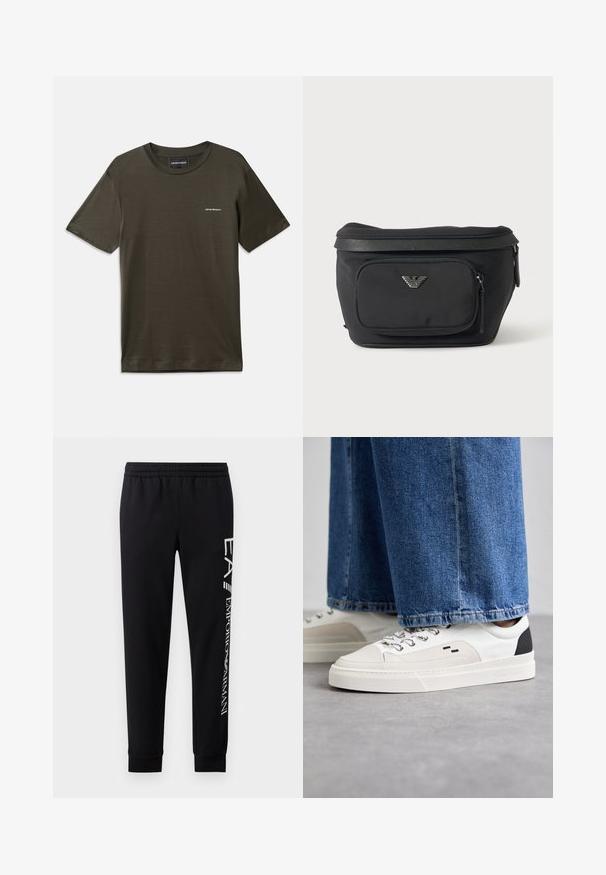 Olivgrünes kurzärmliges T-Shirt aus glattem Stoff, mit Rundhalsausschnitt und einem kleinen Logodetail auf der linken Brust.; Schwarze Sweatpants aus Baumwollmischung mit elastischem Taillenbund, schmal zulaufenden Beinen, gerippten Bündchen und weißem Logo-Druck entlang der Seite.; Weiße und schwarze Sneaker mit einem Obermaterial aus glattem Leder, strukturierten Akzenten und einer massiven weißen Sohle. Verfügt über ein klassisches Schnürdesign.; Schwarze Bauchtasche mit Frontreißverschlusstasche und silbernem Adlerlogo, glattes Gewebe mit strukturiertem Besatz und Reißverschlussanhängern.