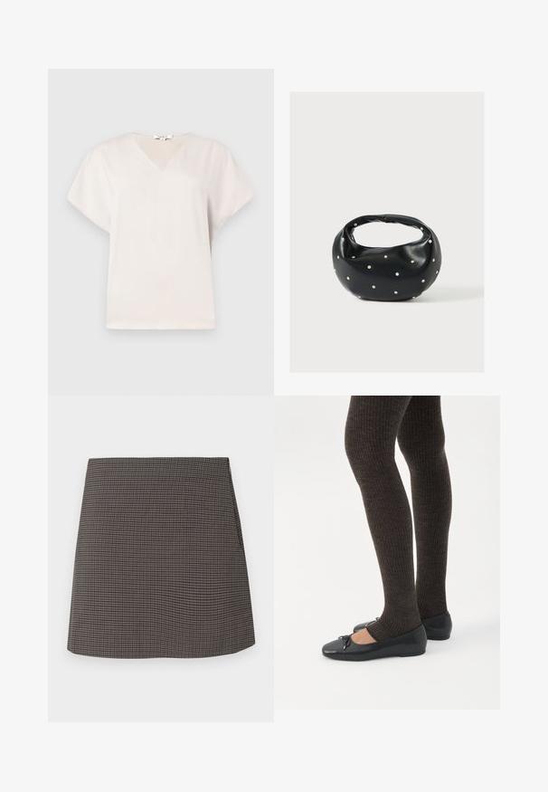 Blouse blanche à manches courtes avec col en V, coupe ample et tissu doux, présentée sur un fond gris clair.; Jupe mini droite avec un petit motif pied-de-poule noir et gris, sans embellissements ni poches visibles.; Jambes portant des leggings côtelés foncés associés à des ballerines noires avec de petits détails en nœud sur fond blanc.; Sac à main en cuir noir de forme arrondie, décoré de clous argentés et équipé d'une poignée courte. Texture lisse et fermeture éclair.