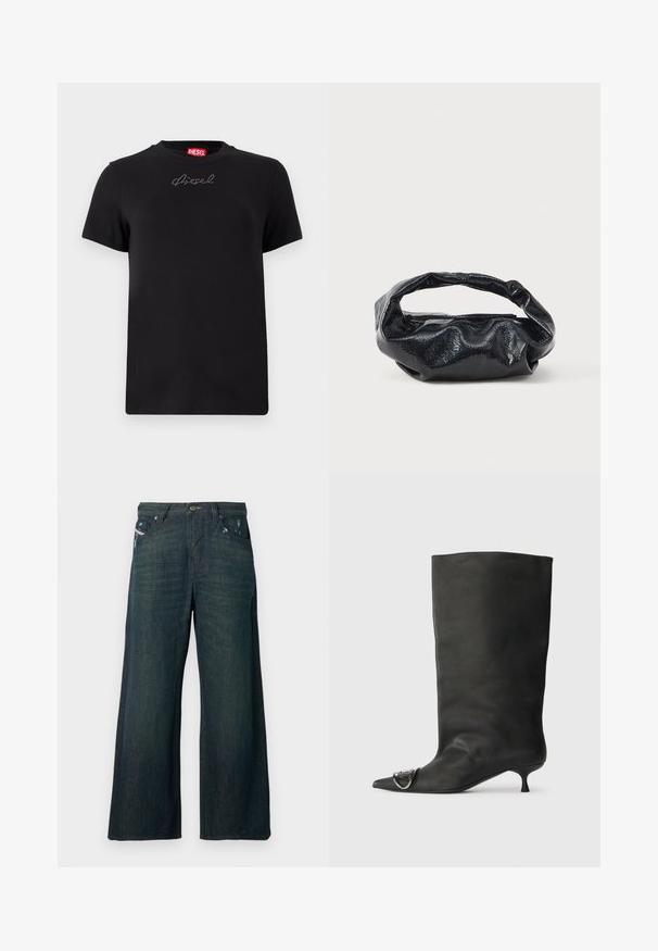 Μαύρο t-shirt Diesel με κοντά μανίκια και μικρό λογότυπο σε σχήμα ραντάν, τοποθετημένο στο κέντρο κάτω από το ντεκολτέ.; Τζιν παντελόνια με φαρδύ ποδόγυρο σε σκούρο μπλε denim, με ελαφριές φθορές κοντά στις μπροστινές τσέπες και κανονικό κλείσιμο με κουμπί και φερμουάρ.; Μαύρη δερμάτινη μποτάκι στον αστράγαλο με μυτερή μύτη, μικρό τακούνι και μεταλλική λεπτομέρεια στη μύτη. Λείος, ματ υφή σε όλη την επιφάνεια.; Μαύρη τσάντα φτιαγμένη από γυαλιστερό, υφασμάτινο υλικό με κυκλική, στροβιλισμένη λαβή και κλείσιμο με φερμουάρ. Διαθέτει ένα μαλακό, ζαρωμένο σχέδιο.