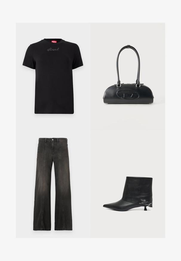 T-shirt noir Diesel à manches courtes avec un petit logo en strass centré juste en dessous de l'encolure.; Jean en denim noir à jambes larges avec une finition délavée, comprenant deux poches avant et des détails cousus le long des coutures. Conception taille haute.; Bottine en cuir noir avec bout pointu, petit talon kitten et détail écrit argenté près du talon.; Sac à main en cuir noir avec longues poignées doubles et logo ovale embossé sur le devant, présenté sur un fond clair uni.