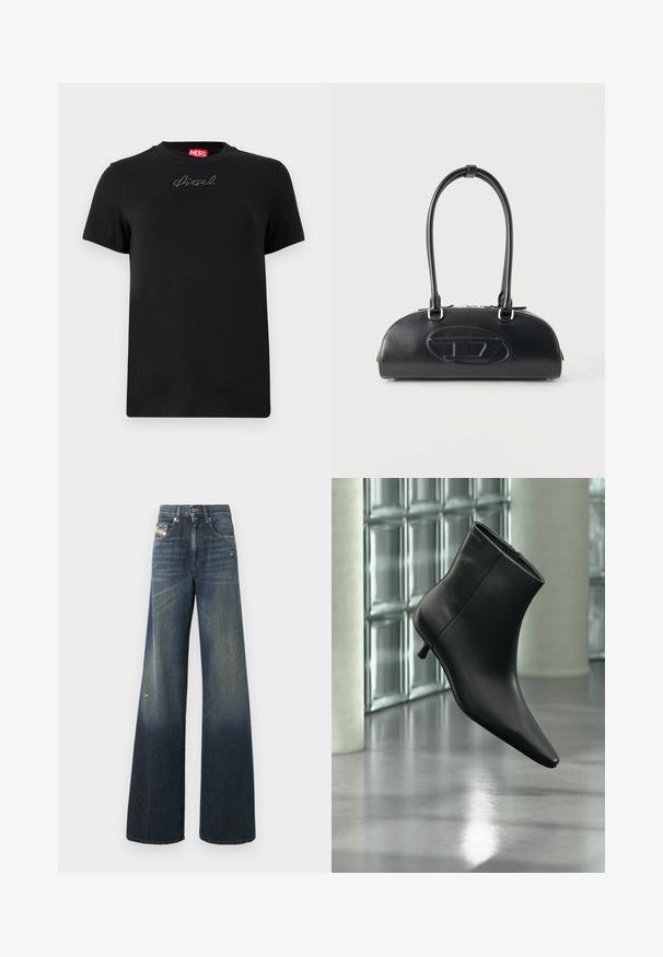 T-shirt noir Diesel à manches courtes avec un petit logo en strass centré juste en dessous de l'encolure.; Jean en denim à jambes larges de couleur bleu foncé avec une finition délavée, présentant un genou usé et un design classique à cinq poches avec une étiquette.; Bottine en cuir noir à bout pointu et petit talon kitten, présentée en angle devant un sol poli et un mur en blocs de verre.; Sac à main en cuir noir avec longues poignées doubles et logo ovale embossé sur le devant, présenté sur un fond clair uni.