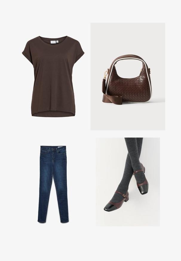 Bruine T-shirt met korte mouwen, losse pasvorm, ronde hals en subtiel opgerolde mouwomslagen, gemaakt van zacht materiaal.; Skinny fit jeans in donkerblauwe denim. Bevat een vijf-pocketontwerp, ritssluiting en riemlussen. Gladde textuur met subtiele kleurvariatie.; Bordeaux leren Mary Jane-schoenen met een zwarte laktoecap en dunne enkelband; gedragen met donkergrijze geribde sokken. Lage blokhak.; Bruine geweven leren handtas met witte bies, gouden ritssluiting en afneembare bruine stoffen schouderriem.