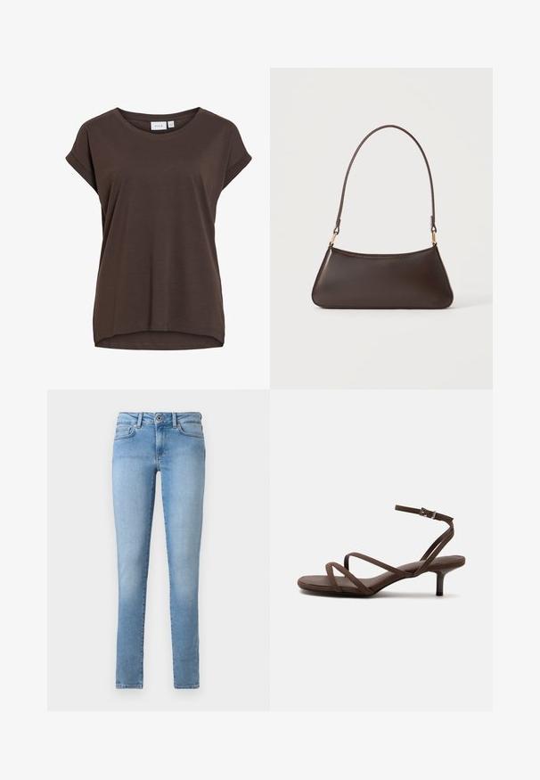 Brun kortærmet løs t-shirt med rund hals og diskrete opsmøgede kanter, lavet af blødt stof.; Lyseblå denimjeans med lige ben, fem lommer og lukning med knap foran. Glat tekstur med en slidt finish.; Brun højhælet sandal med tynde krydsede stropper og en ankelrem med en sølvspænde på en hvid baggrund.; Mørkebrun læderhåndtaske med en buet toplynlås og en tynd skulderrem med guldfarvede låse på en ensfarvet baggrund.