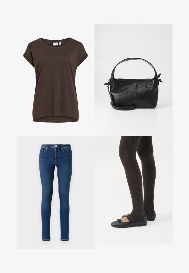 Brun kortærmet løs t-shirt med rund hals og diskrete opsmøgede kanter, lavet af blødt stof.; Slanke denimjeans i mørkeblå. Har et klassisk fem-lomme-design, metalknaplukning og diskret syninger langs sømmene.; Ben iført mørke ribbede leggings kombineret med sorte balletsko med små sløjfedetaljer på hvid baggrund.; Sort læderhåndtaske med et struktureret design, rund tophåndtag og aftagelig skulderrem. Den har en glat tekstur og en subtil glans.