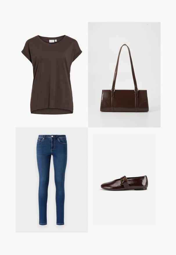 Bruine T-shirt met korte mouwen, losse pasvorm, ronde hals en subtiel opgerolde mouwomslagen, gemaakt van zacht materiaal.; Skinny denim jeans in donkerblauw. Beschikt over een klassieke vijf-pocketstijl, metalen knoopsluiting en subtiele stiksels langs de naden.; Donkerbruine lakleren platte schoen met een grote gouden gesp en een afgeronde teen, zijaanzicht op een witte achtergrond.; Bruine lakleren handtas met een rechthoekige vorm, twee lange handvatten en subtiele gebogen accenten aan de voorkant.