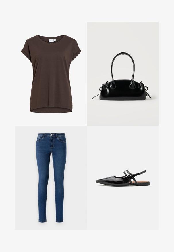 Bruine T-shirt met korte mouwen, losse pasvorm, ronde hals en subtiel opgerolde mouwomslagen, gemaakt van zacht materiaal.; Skinny denim jeans in donkerblauw. Beschikt over een klassieke vijf-pocketstijl, metalen knoopsluiting en subtiele stiksels langs de naden.; Zwarte gepatineerde leren slingback schoenen hebben een spitse neus, twee banden met gespsieraden en een platte zool.; Kleine zwarte glanzende handtas met twee lange hengsels en zijkant trekkoord details op een effen lichte achtergrond.