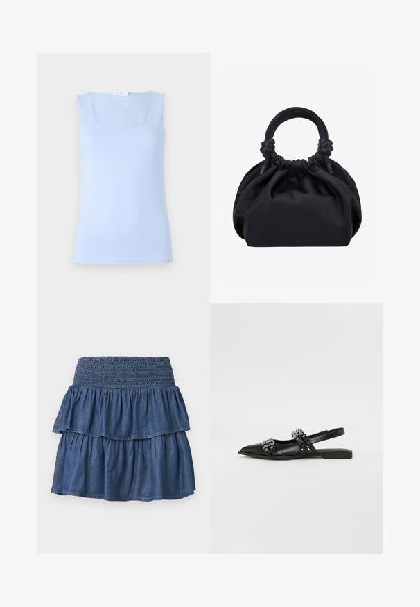 Top sin mangas de color azul claro con un escote cuadrado, hecho de una tela suave, que presenta un diseño ajustado y una silueta minimalista.; Falda vaquera azul con volantes, cintura ancha fruncida y dos capas recogidas sobre un fondo liso.; Even&Odd by Zalando Bailarinas con tira trasera - black; Bolso de mano de tela negra suave con parte superior fruncida y asas acolchadas circulares atadas con nudos a cada lado.