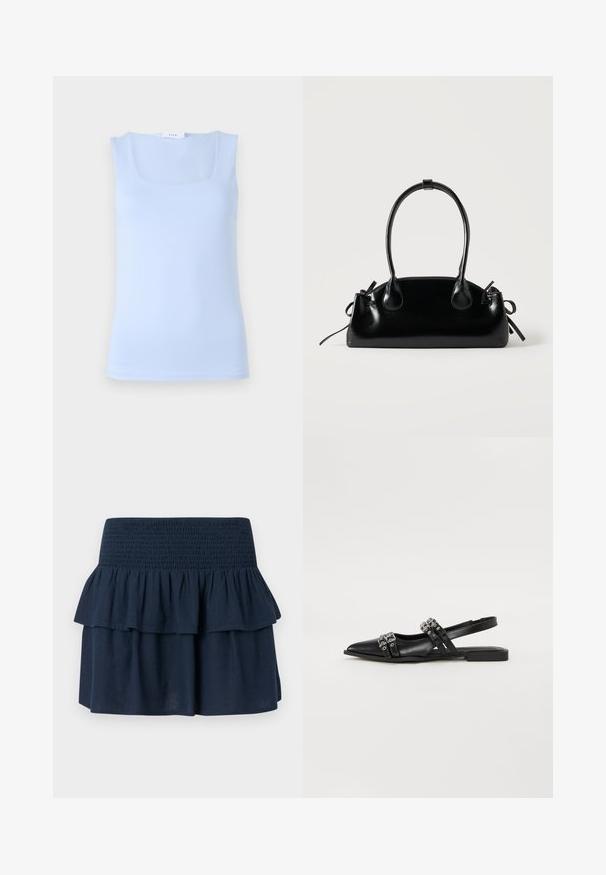 Top sin mangas de color azul claro con un escote cuadrado, hecho de una tela suave, que presenta un diseño ajustado y una silueta minimalista.; Minifalda azul marino con cinturilla ancha fruncida y detalle de volantes superpuestos en la parte superior.; Even&Odd by Zalando Bailarinas con tira trasera - black; Pequeño bolso negro brillante con dos asas largas y detalles de cordón lateral sobre un fondo claro liso.
