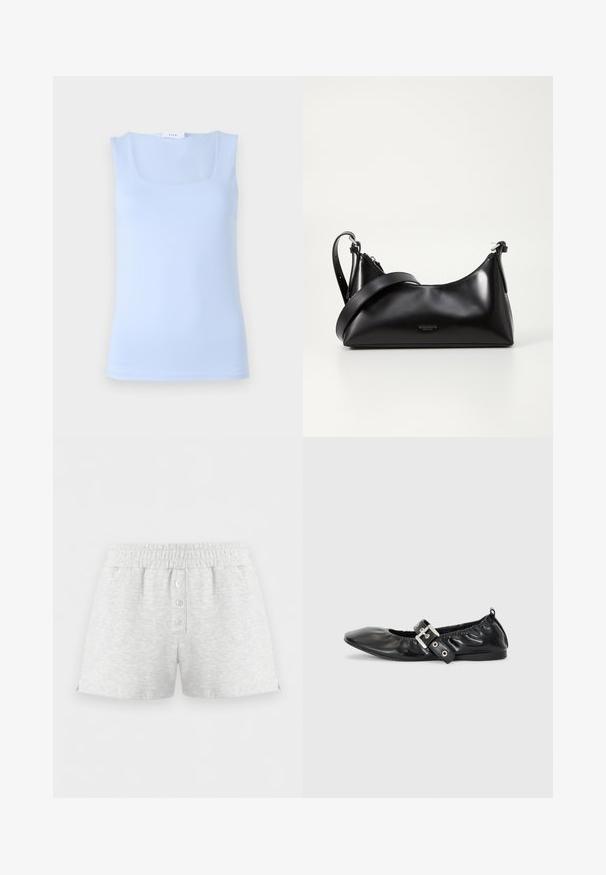 Helles blaues ärmelloses Oberteil mit quadratischem Ausschnitt, aus glattem Stoff gefertigt, mit einer taillierten Passform und einer minimalistischen Silhouette.; Hellgraue Baumwollshorts mit elastischem Bund und drei weißen Knöpfen in der vorderen Mitte, dargestellt vor weißem Hintergrund.; Schwarze Leder-Ballerinas mit spitzem Zehenbereich, gerafften Details am Schaft und einem silbernen Schnallenakzent am verstellbaren Riemen.; Schwarze lederne Handtasche mit glatter Textur. Verfügt über einen verstellbaren Riemen und ein elegantes, minimalistisches Design mit einem Reißverschluss.