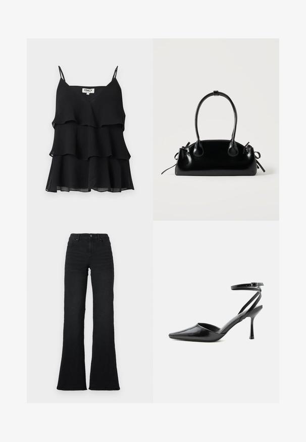 Top noir sans manches superposé avec fines bretelles et une étiquette "ONLY" sur un fond uni.; Jean noir à taille haute évasée avec poches avant, passants de ceinture et fermeture à bouton sur fond blanc.; Escarpin noir à bout pointu avec fines brides de cheville et fermeture à boucle argentée sur fond clair uni.; Petit sac à main noir brillant avec deux longues anses et des détails à cordon sur les côtés sur un fond clair uni.