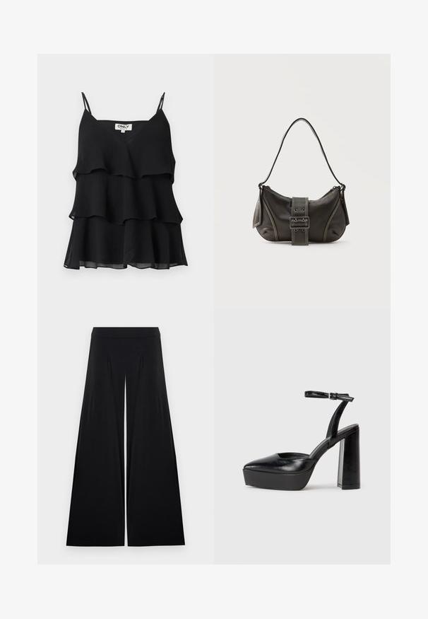 Top noir sans manches superposé avec fines bretelles et une étiquette "ONLY" sur un fond uni.; Pantalon noir taille haute à jambes larges avec des plis subtils à l'avant, en tissu doux et fluide, présenté sur un fond blanc.; Escarpins noirs à plateforme avec un bout pointu et une sangle réglable à la cheville. Conçus en cuir lisse, avec un large talon bloc.; Sac à épaule en cuir noir avec une sangle à boucle, des bords arrondis et des coutures blanches contrastées sur un fond uni.