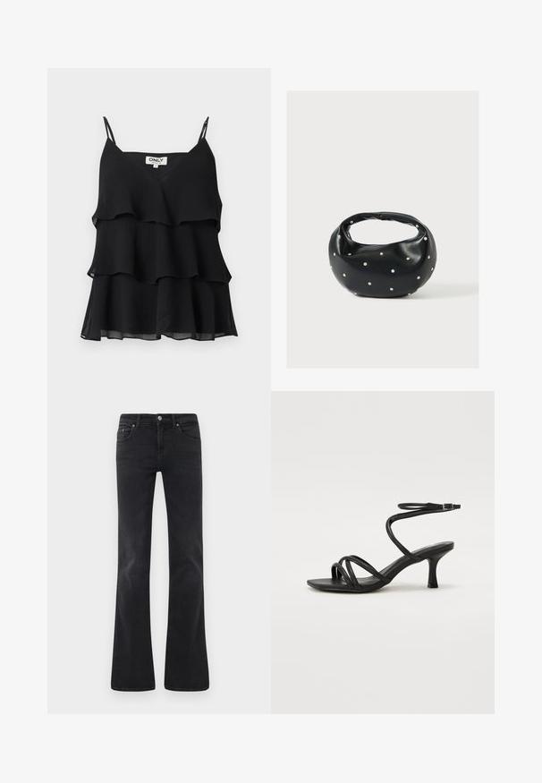 Top noir sans manches superposé avec fines bretelles et une étiquette "ONLY" sur un fond uni.; Jean noir évasé en denim, doté d'un design classique à cinq poches, d'une fermeture à bouton et de détails de couture subtils.; Even&Odd Wide Fit by Zalando Sandales - black; Sac à main en cuir noir de forme arrondie, décoré de clous argentés et équipé d'une poignée courte. Texture lisse et fermeture éclair.