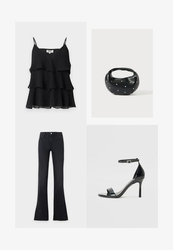 Top noir sans manches superposé avec fines bretelles et une étiquette "ONLY" sur un fond uni.; Jeans noirs taille haute flare avec bouton sur le devant et poches, présentés sur un fond clair uni.; Sandale à talon haut en cuir verni noir avec un bout ouvert, une seule lanière à l'avant et une lanière de cheville ajustable.; Sac à main en cuir noir de forme arrondie, décoré de clous argentés et équipé d'une poignée courte. Texture lisse et fermeture éclair.