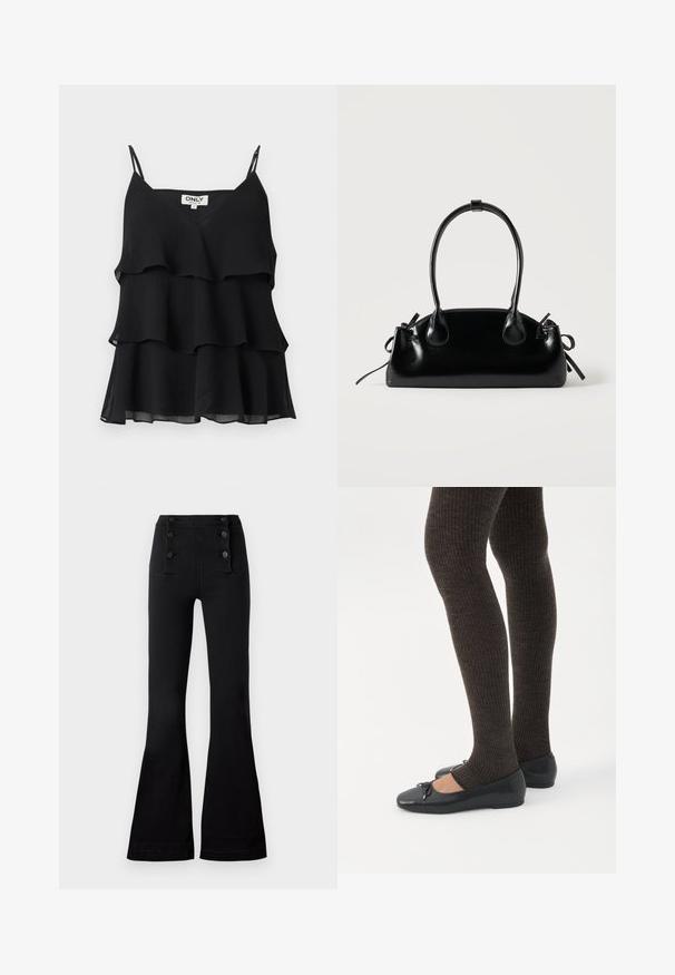 Top noir sans manches superposé avec fines bretelles et une étiquette "ONLY" sur un fond uni.; Pantalons évasés noirs en denim avec une taille haute, ornés de quatre boutons décoratifs à l'avant et d'une texture lisse.; Jambes portant des leggings côtelés foncés associés à des ballerines noires avec de petits détails en nœud sur fond blanc.; Petit sac à main noir brillant avec deux longues anses et des détails à cordon sur les côtés sur un fond clair uni.