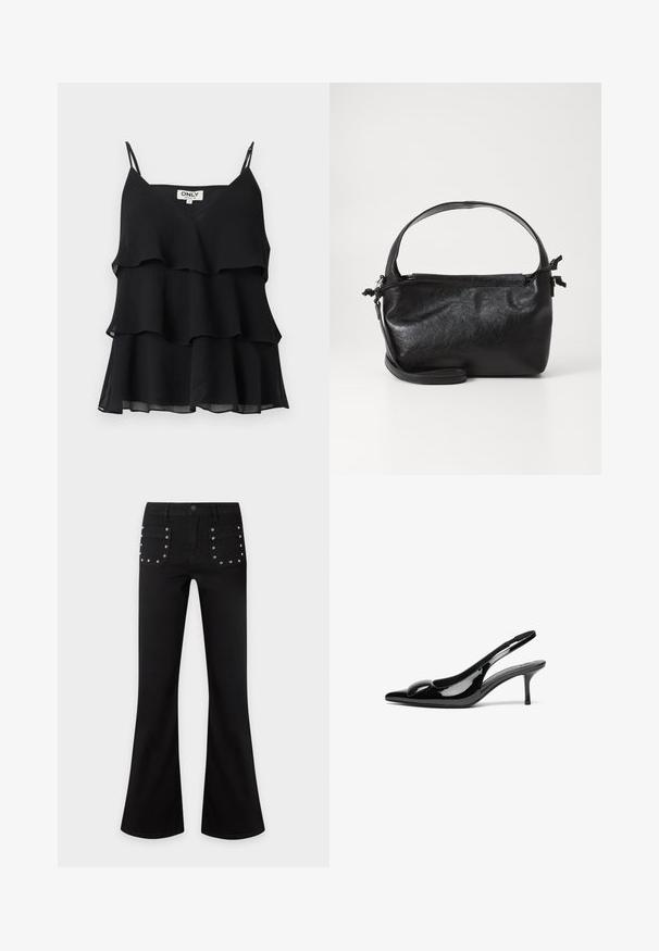 Top noir sans manches superposé avec fines bretelles et une étiquette "ONLY" sur un fond uni.; Pantalon noir évasé avec poches avant décorées de clous argentés espacés régulièrement, fermeture par bouton et fermeture éclair.; Escarpins slingback en cuir verni noir avec un bout pointu et une finition brillante. Présente un talon fin et un accent arrondi au dessus du pied.; Sac à main en cuir noir au design structuré, avec une poignée arrondie et une bandoulière amovible. Présente une texture lisse et un éclat subtil.