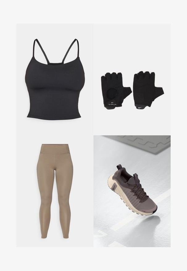 Sort tætsiddende camisole lavet af glat stof, med tynde stropper og rund halsudskæring, uden yderligere mønstre eller accenter.; Højtaljede leggings i en ensfarvet beige farve. Fremstillet af et glat, strækbart materiale uden synlige mønstre eller hardware.; Nike Free sneakers i grå og beige, med en tekstureret overdel, fleksibel sål, snøresystem og træksløjfe ved hælen for nem påtagning.; Sorte fingerløse handsker med et tekstureret design. Lavet af et åndbart materiale, med en tommelfingeråbning og forstærket håndflade for bedre greb.