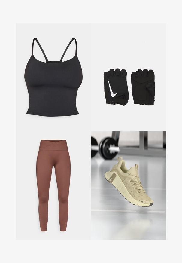 Schwarzes, tailliertes Top aus glattem Stoff, mit dünnen Trägern und rundem Halsausschnitt, ohne zusätzliche Muster oder Akzente.; Braune high-waisted Leggings mit glatter, elastischer Textur. Verfügt über einen überkreuzten Bund und keine sichtbaren Nähte. Geeignet für Sportbekleidung.; Beige Sport-Schuh mit strukturiertem Obermaterial, breiter Sohle und braunen Akzenten. Verfügt über ein Schnürdesign und ein hervorgehobenes Markenlogo.; Schwarze fingerlose Fitnesshandschuhe aus atmungsaktivem Stoff, mit einem weißen Nike-Logo, gepolsterten Handflächen und einem offenen Handgelenkdesign für bessere Flexibilität.