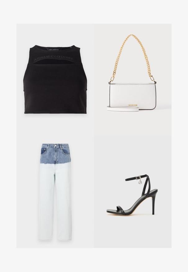 Sort cropped tank top lavet af glat stof, med udskårede detaljer og et frontlogo i nitteret skrift. Simpel, atletisk silhuet.; Denimjeans med en blå øverste sektion, der falmer over i en lysere blå nederste sektion. Har fem lommer, en knaplukning og lige bendesign.; Sort hæl-sandal med smal ankrem, firkantet tå-boks, glat lædermateriale og metalspænde som pynt.; Hvid rektangulær lædertaske med tynd sort kant, guld kædehåndtag og lille guldlogo på frontens midte.