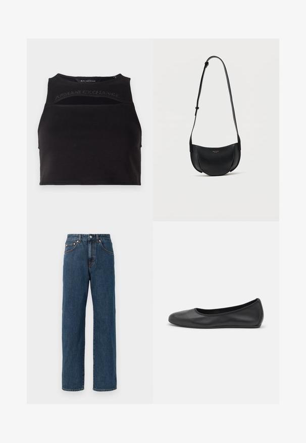 Sort cropped tank top lavet af glat stof, med udskårede detaljer og et frontlogo i nitteret skrift. Simpel, atletisk silhuet.; Mørkeblå denim jeans med lige pasform. Har fem lommer, subtile syninger og en knaplukning i taljen.; Sort læderballetsko med rund tå, glat tekstur, minimal syning og et fleksibelt såldesign.; Sort læder crossbody-taske i halvmåneform med justerbar rem og lille guldlogo foran i midten.