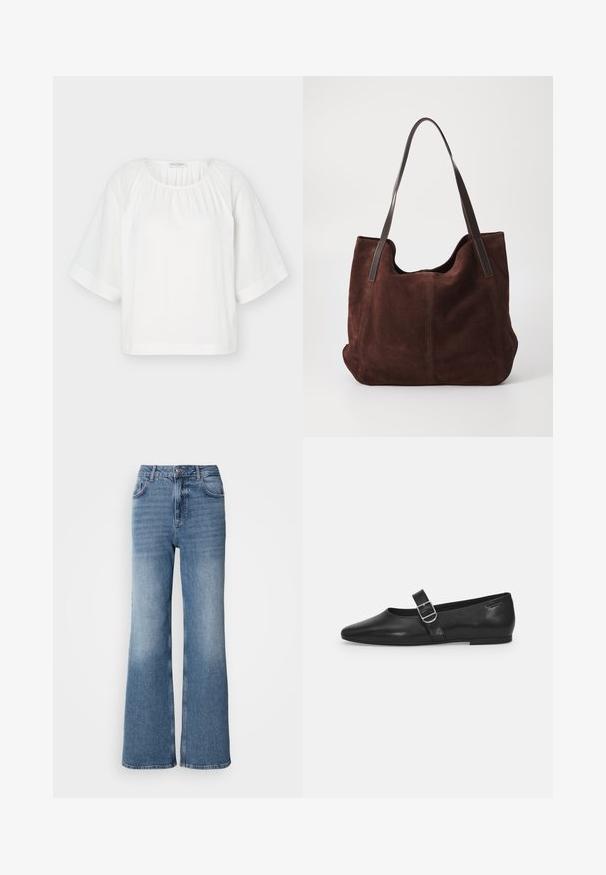 Blouse blanche ample avec encolure ronde, tissu froncé au col et larges manches mi-longues avec des détails de couture horizontaux.; Mos Mosh MAI - Jean droit - blue wash; Chaussure plate en cuir noir avec un bout arrondi, une seule sangle réglable à boucle et une texture lisse et brillante. Design minimaliste avec un petit talon.; Sac fourre-tout en daim marron avec deux anses en cuir noir. Texture douce, haut arrondi et un intérieur spacieux. Aucun matériel ou embellissement visible.