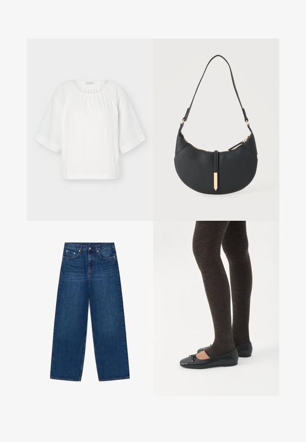 Blouse blanche ample avec encolure ronde, tissu froncé au col et larges manches mi-longues avec des détails de couture horizontaux.; Jean en denim bleu à jambes larges avec design cinq poches et fermeture par boutons, présenté à plat sur un fond blanc.; Jambes portant des leggings côtelés foncés associés à des ballerines noires avec de petits détails en nœud sur fond blanc.; Sac à main noir en forme de croissant avec une bandoulière unique, une fermeture éclair dorée et une languette décorative rectangulaire dorée à l'avant.
