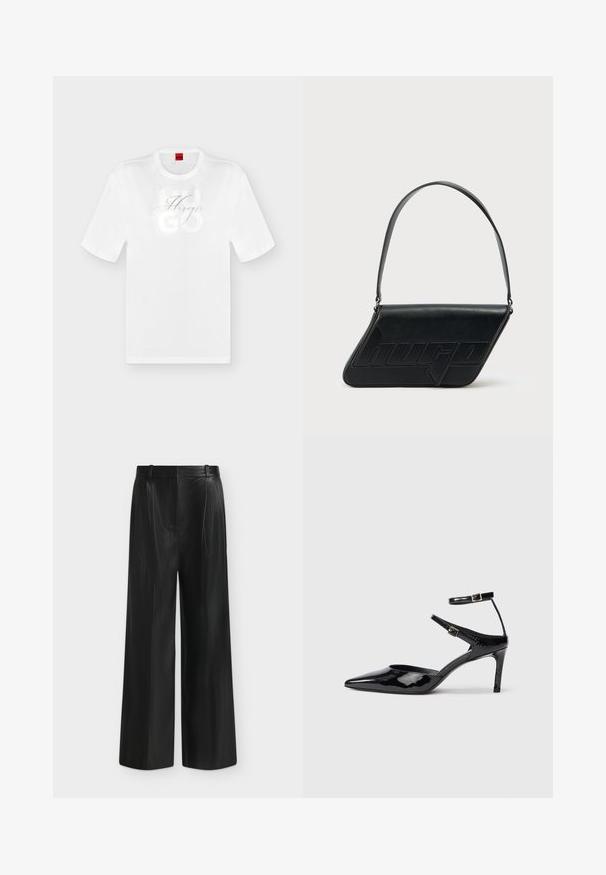 T-shirt blanc à manches courtes et col rond avec texte embossé "HUGO" et logo "Hugo" calligraphié sur la poitrine.; Pantalon noir à jambes larges en simili cuir, taille haute et détail de ceinture sur le côté, sur fond gris clair.; Talons en cuir verni noir avec un bout pointu, des sangles de cheville ajustables et un talon fin. Texture lisse avec une finition brillante.; Sac d'épaule en cuir noir de forme triangulaire, avec un logo embossé et une seule bandoulière réglable. Design minimaliste avec une texture lisse.