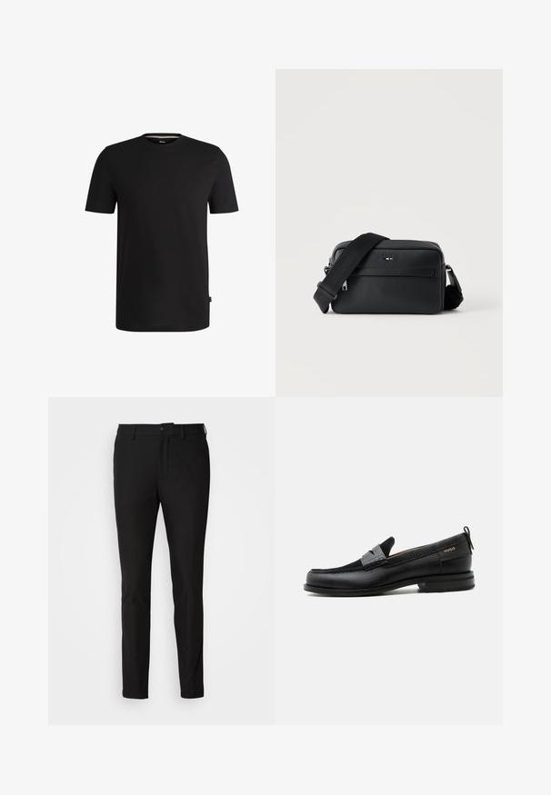 T-shirt noir à manches courtes en coton lisse avec un col rond. Présente une étiquette de marque discrète sur le côté gauche près de l'ourlet.; Pantalon noir ajusté, avec une fermeture à bouton, une braguette zippée et deux poches avant. Tissu lisse avec un fini mat.; Mocassin en cuir noir avec détail de bride grise, talon bas et semelle texturée, marqué "HUGO" en or sur le côté.; Sac bandoulière en cuir noir texturé avec poche avant zippée et bandoulière large en tissu réglable sur fond blanc.