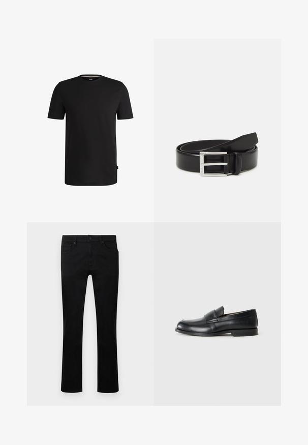 Sort kortærmet t-shirt lavet af glat bomuld med rund halsudskæring. Har et diskret mærke på venstre side nær kanten.; Sorte jeans lavet af denim, med et design med lige ben, fem lommer og subtile teksturmønstre på stoffet.; Sorte læder loafers med rund tå, syet detaljer og en flad gummisål. Har en bred rem over vristen.; Sort læderbælte med en blank finish; har en sølvmetal spænde med et rektangulært rammedesign og glatte kanter.