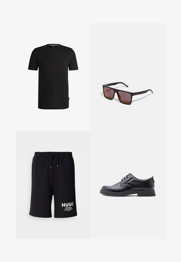 Sort kortærmet t-shirt lavet af glat bomuld med rund halsudskæring. Har et diskret mærke på venstre side nær kanten.; Sorte bomuldsbukser med elastisk talje og snor. Hvid "HUGO" logo på venstre ben. Enkel design, knælængde.; Sorte snørestøvler i læder med glat tekstur, rundet tå og diskrete syningsdetaljer. Har en rød trækflig på hælen.; Sorte rektangulære solbriller med mørkerøde linser, med en mat finish og rød logo på stangen. Solid plastikramme.
