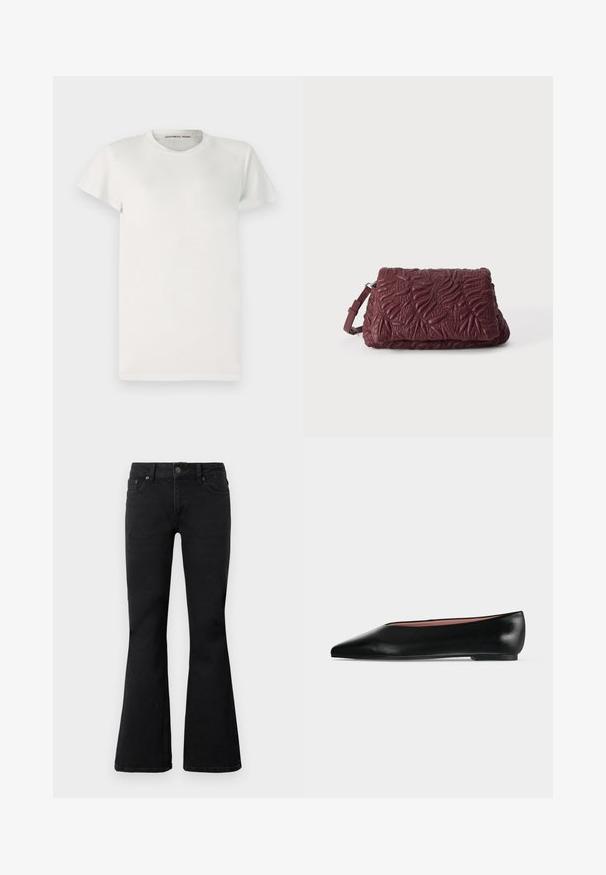 T-shirt blanc à manches courtes en coton avec un col rond et une coupe simple. Les étiquettes affichent "DESIGNERS REMIX" à l'intérieur du col.; Jeans noirs taille haute avec fermeture à bouton et zip à l'avant, deux poches avant, et jambes évasées, posés à plat sur fond blanc.; Chaussure plate en cuir noir pour femme, avec bout pointu et petit talon, vue de côté sur un fond gris clair uni.; Pochette en cuir texturé rouge foncé avec motifs de feuilles embossés et une bandoulière réglable sur un fond clair uni.