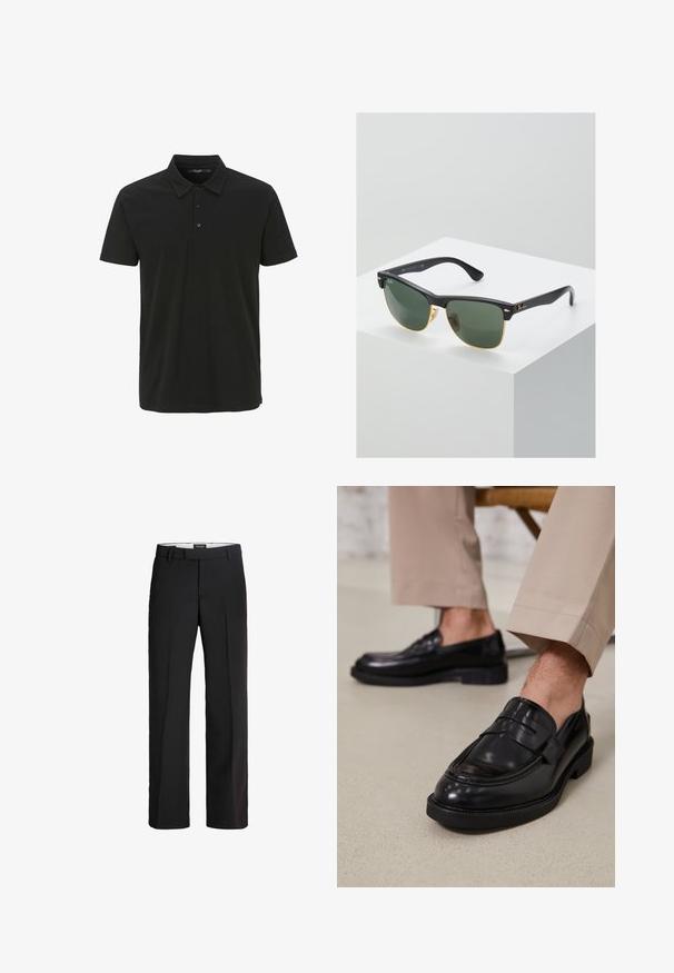 Schwarzes Poloshirt aus Baumwolle, mit Kragen, einer Knopfleiste mit drei Knöpfen und kurzen Ärmeln. Glatte Textur mit minimalistischem Design.; Schwarze Hosen mit maßgeschneiderter Passform; verfügen über einen flachen Bund, zwei seitliche Taschen und eine glatte Textur; hergestellt aus einem leichten, atmungsaktiven Material.; Schwarze Lederloafers mit glatter Oberfläche, ausgestattet mit einem dekorativen Riemen und Kontrastnähten, kombiniert mit beigen Hosen.; Ray-Ban Sonnenbrillen mit grünen Gläsern, schwarzen Kunststoffrahmen und goldenen Akzenten an den Rändern. Quadratische Form mit matter Oberfläche.