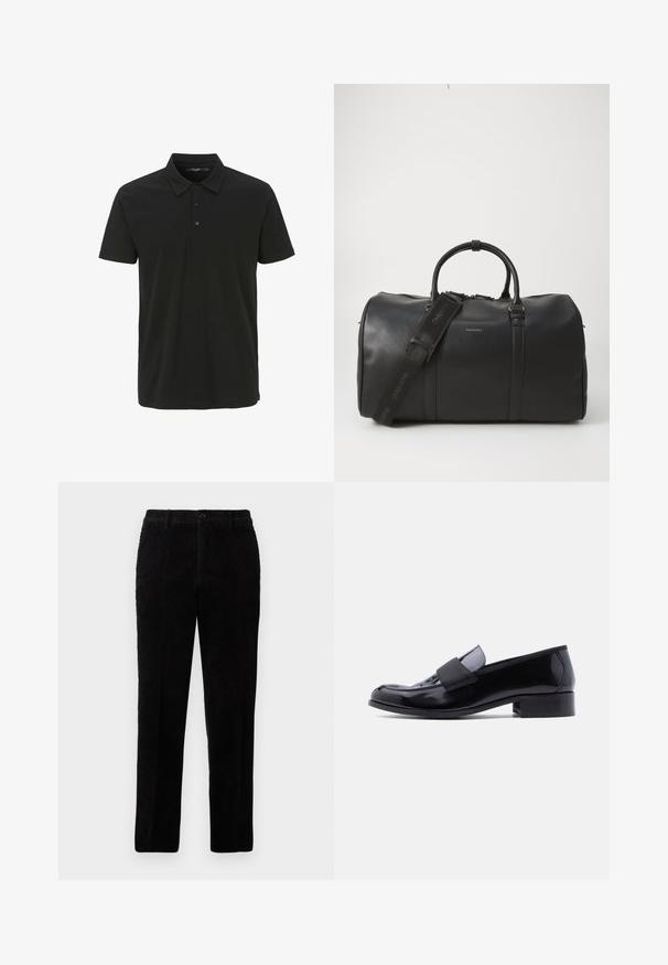 Sort polo-shirt lavet af bomuld, med krave, tre-knaps placket og korte ærmer. Glat tekstur med minimalistisk design.; Sorte corduroy bukser med lige snit, der har en knaplukning og tekstureret ribbet stof. Skræddersyet design med sidelommer.; Sort laklæder loafersko med lav blokhæl og bred elastikrem over overdelen, set fra siden på en hvid baggrund.; Sort læder dufletaske med dobbelt håndtag, justerbar skulderrem, lynlås lukning og præget logo. Glat tekstur, afrundet form.