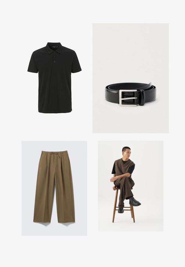 Zwarte polo shirt van katoen, met een kraag, knoopsluiting met drie knopen en korte mouwen. Glad textuur met een minimalistisch ontwerp.; Wijduitlopende broeken in olijfgroen, gemaakt van zachte stof met een elastische tailleband en een verstelbaar trekkoord. Beschikt over twee zijzakken.; Bruin gebreid vest over een zwart t-shirt, gecombineerd met bruine wijde broek en zwarte chunky schoenen, zittend op een houten kruk.; Opgerolde zwarte glanzende leren riem met een zilveren rechthoekige metalen gesp op een effen lichte achtergrond.