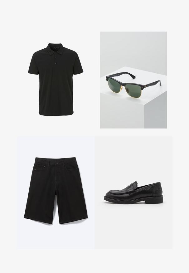 Zwarte polo shirt van katoen, met een kraag, knoopsluiting met drie knopen en korte mouwen. Glad textuur met een minimalistisch ontwerp.; Zwarte denim short tot op de knie met voorste knoop, riemlussen en vijf zakken, afgebeeld tegen een witte achtergrond.; Zwarte leren loafers met een ronde neus, ton-sur-ton stiksels en een banddetail aan de voorkant. Rubberen zool met een lage hak.; Ray-Ban zonnebrillen met groene lenzen, zwarte plastic monturen en gouden accenten aan de randen. Vierkante vorm met een matte afwerking.