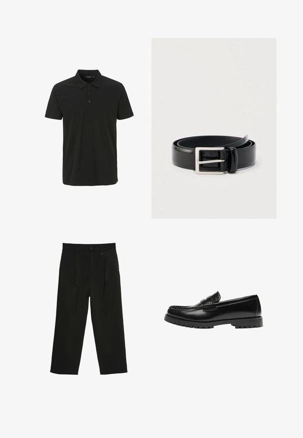 Schwarzes Poloshirt aus Baumwolle, mit Kragen, einer Knopfleiste mit drei Knöpfen und kurzen Ärmeln. Glatte Textur mit minimalistischem Design.; Schwarze, weit geschnittene Hose mit Knopf- und Reißverschluss, Gürtelschlaufen und einem kleinen Metallring in Bundnähe.; Schwarzer Leder-Slipper mit dicker Gummisohle und klassischem Penny-Detail an der Riemen, von der Außenseite gezeigt.; Gerollter schwarzer glänzender Ledergürtel mit einer silbernen rechteckigen Metallschnalle auf hellem einfarbigem Hintergrund.