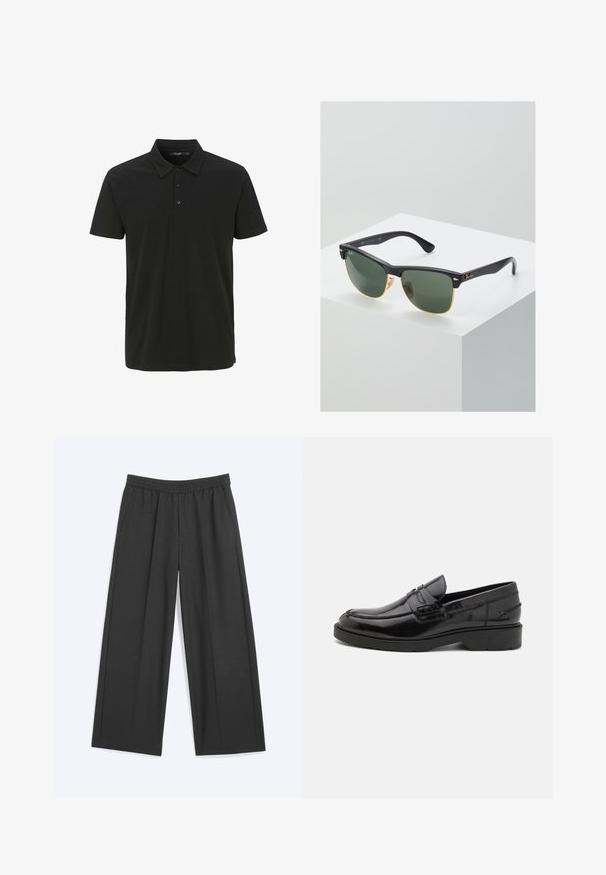 Sort polo-shirt lavet af bomuld, med krave, tre-knaps placket og korte ærmer. Glat tekstur med minimalistisk design.; Sorte bukser med vide ben, elastisk talje og sidelommer, lagt fladt på en ensfarvet baggrund.; Sorte læder loafers med en glat finish, rund tå, lav hæl og dekorativ syning langs forsiden. Gummisål for godt greb.; Ray-Ban solbriller med grønne linser, sorte plastikstel og gyldne detaljer ved kanterne. Firkantet form med mat finish.