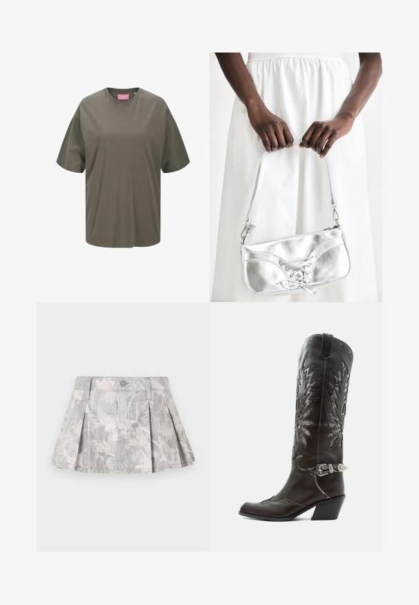 Olivengrøn oversized T-shirt lavet af blød bomuld, med en klassisk rund hals og korte ærmer, samt et pink label indeni.; Grå denimnederdel med plisseringer, med et subtilt bladmønster i lysere nuancer. Klassisk snit med taljebånd og metalknaplukning.; Sort læder cowboystøvle med dekorative udskæringer, sølvspænde og skrå hæl, vist på hvid baggrund.; Sølvmetallic håndtaske med snøredetaljer, der har et slankt design og en kort strop. Tasken holdes i hænderne for at fremvise dens tekstur.