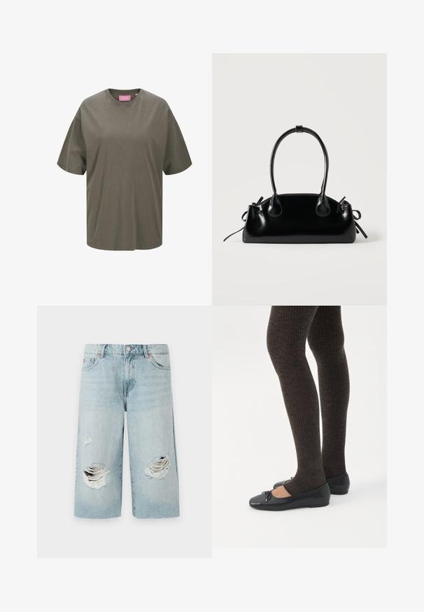 Olivengrøn oversized T-shirt lavet af blød bomuld, med en klassisk rund hals og korte ærmer, samt et pink label indeni.; Lyseblå denimshorts med løs pasform, der har to store slidte huller foran. Fem lommer og en synlig metalknaplukning.; Ben iført mørke ribbede leggings kombineret med sorte balletsko med små sløjfedetaljer på hvid baggrund.; Lille sort blank håndtaske med to lange håndtag og snøre-detaljer i siden på en ensfarvet lys baggrund.
