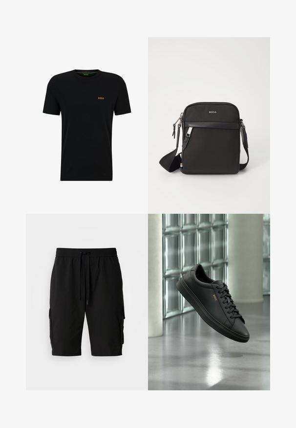 Camiseta de algodón negra con cuello redondo, mangas cortas y un pequeño logo dorado en el lado izquierdo del pecho. Textura suave y diseño sencillo.; Pantalones cortos cargo negros hechos de tejido ligero, con una cinturilla elástica, cordón y bolsillos laterales cargo para almacenamiento adicional.; Zapatilla baja de piel negra con cordones negros y logo dorado BOSS en el lateral, flotando sobre un suelo gris brillante en un espacio interior moderno.; Bolso bandolero negro con un tejido texturizado, logo en la parte frontal, cierre de cremallera y correa ajustable. Presenta un ribete de cuero suave.