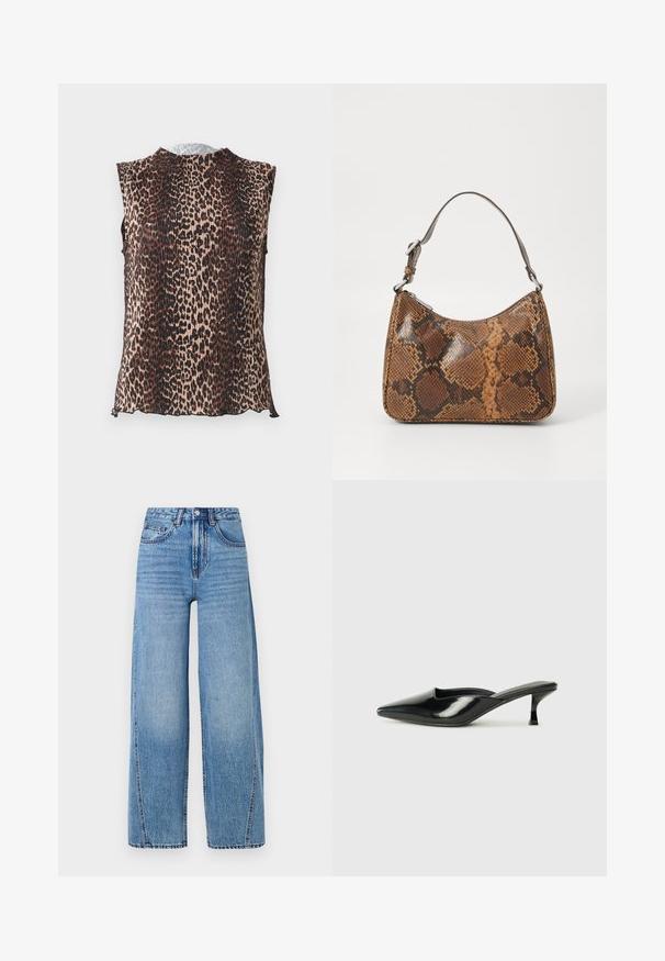 Débardeur sans manches avec un design plissé et un motif léopard dans des teintes de beige, marron et noir. Encolure arrondie, texture douce.; Jean en denim large à taille haute, bleu clair, avec poches avant, passants de ceinture, fermeture à bouton et détails de couture visibles.; Mules en cuir verni noir avec un bout pointu, un petit talon et des côtés courbés, présentant une finition brillante et un design minimaliste.; Petit sac à main avec un motif en peau de serpent marron et noir, courroie courte et ajustable, et fermeture éclair.