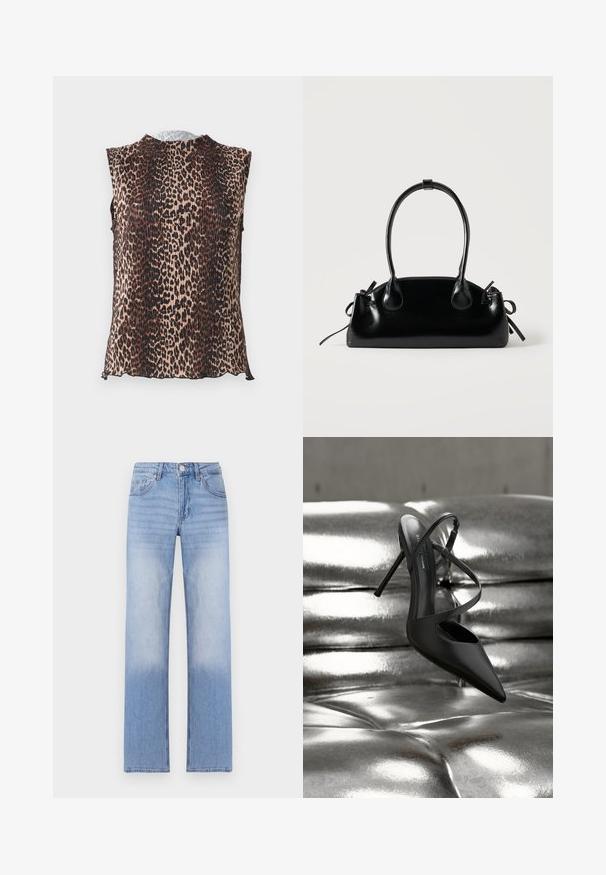 Mouwloze top met een geplooid ontwerp en een luipaardprint in tinten van beige, bruin en zwart. Ronde halslijn, zachte textuur.; Lichtblauwe denim jeans met een rechte pijpdesign, kenmerkend door een vervaagde was aan de onderste helft en klassieke vijf-pocketstyling.; Zwarte spitse pumps met stilettohak en gekruiste banden, rustend op een glanzend zilveren, gestoffeerd leren oppervlak.; Kleine zwarte glanzende handtas met twee lange hengsels en zijkant trekkoord details op een effen lichte achtergrond.