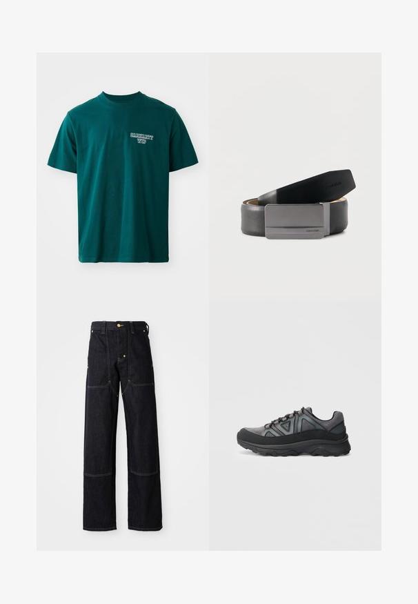 Grove katoen t-shirt in teal met korte mouwen en een ronde hals. Inclusief wit "Carhartt WIP" logo op de linkerborst. Eenvoudig ontwerp, rechte snit.; Donkerblauwe spijkerbroek met rechte pijpen, voorzien van gele stiksels en voorzakken. De stof lijkt stevig en gestructureerd.; Grijze en zwarte lage sneaker met dikke zool, vetersluiting aan de voorkant en driehoekig logo aan de zijkant op een witte achtergrond.; Zwart leren riem opgerold met matte zilveren rechthoekige gesp, Calvin Klein-logo gegraveerd op de gesp en het uiteinde van de riem.