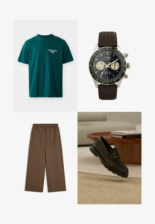 Tyrkysové bavlnené tričko s krátkymi rukávmi a okrúhlym výstrihom. Obsahuje biele logo "Carhartt WIP" na ľavej hrudi. Jednoduchý dizajn, rovný strih.; Hnedé široké nohavice s elastickým pásom a šnúrkou, s vreckami v bočných švoch a voľným strihom.; Čierny kožený mokasín s hrubou podrážkou vznášajúci sa nad textúrovaným béžovým kobercom, dreveným okrúhlym konferenčným stolíkom a naskladanými knihami v pozadí.; Hodinky Timex Waterbury chronograph s čiernym ciferníkom, zlatými akcentmi, strieborným puzdrom z nerezovej ocele a hnedým perforovaným koženým remienkom.