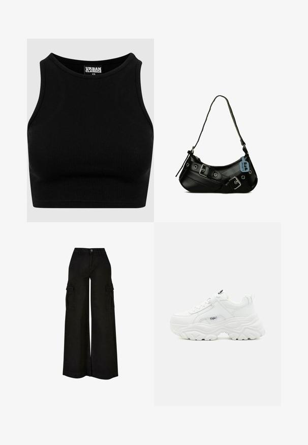 Top court côtelé noir avec un col rond et sans manches. Fabriqué en tissu extensible et texturé. Étiquette mentionne "Urban Classics."; Pantalon cargo noir à jambes larges, taille haute, bouton sur le devant, fermeture éclair, passants de ceinture et poches à rabat sur les deux cuisses.; Des sneakers blancs chunky avec un dessus en cuir lisse, un bout rond et une semelle épaisse texturée avec un logo de marque visible sur le côté.; Sac à main synthétique noir avec une forme courbée, une bandoulière réglable et des boucles décoratives en métal. Présente une texture lisse et brillante.