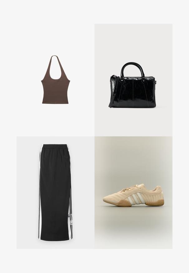 Haut marron sans manches à col licou avec un profond décolleté en U et une taille cintrée, présenté sur un fond blanc.; Jupe longue de sport noire avec panneaux latéraux blancs et bandes noires, taille élastique et écusson logo Adidas près de l'ourlet inférieur.; Baskets en daim beige avec des rayures blanches et une semelle extérieure en gomme texturée, vue de côté sur fond neutre.; Sac à main en cuir noir avec une forme structurée, présentant une texture lisse, des coutures décoratives et une bandoulière amovible.