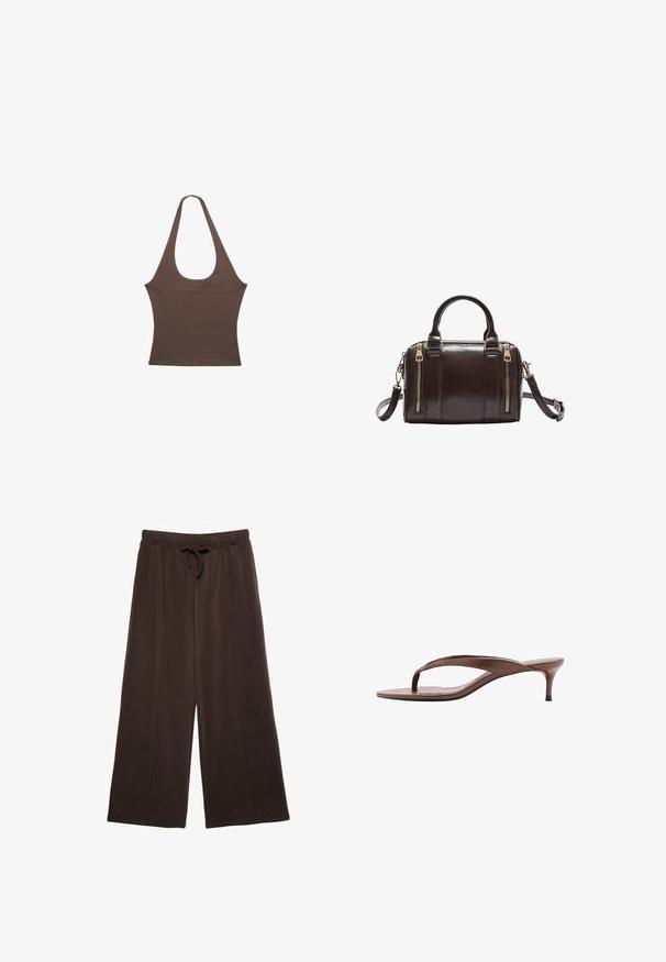 Haut marron sans manches à col licou avec un profond décolleté en U et une taille cintrée, présenté sur un fond blanc.; Pantalon marron à jambes larges avec taille élastique et cordon, en tissu doux, présenté sur fond blanc.; Sandale en cuir marron avec lanière, petit talon « kitten » et bout carré, vue de profil sur fond blanc.; Sac à main en cuir marron foncé avec deux zips dorés à l'avant, deux poignées et une bandoulière amovible.