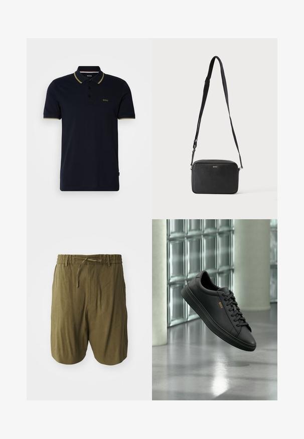 Polo bleu marine en coton, avec un col à deux boutons, des manches courtes et des accents vert olive sur le col et les poignets.; Shorts vert olive en tissu léger, dotés d'une taille élastique avec cordon de serrage, et poches latérales pour un confort supplémentaire.; Baskets basses en cuir noir avec lacets noirs et logo BOSS doré sur le côté, flottant au-dessus d’un sol gris brillant dans un espace intérieur moderne.; Sac bandoulière rectangulaire noir avec sangle réglable et logo BOSS sur le devant, sur un fond clair uni.