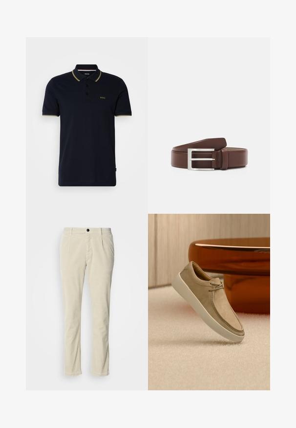 Polo bleu marine en coton, avec un col à deux boutons, des manches courtes et des accents vert olive sur le col et les poignets.; Pantalon en velours côtelé beige clair avec une coupe droite, doté d'une fermeture à un bouton noir et d'une texture côtelée subtile. Pas de poches visibles.; Baskets en daim beige avec semelle épaisse blanche et lacets, positionnées sur un tapis beige texturé avec une table ronde brune brillante en arrière-plan.; Ceinture en cuir marron avec une boucle rectangulaire en métal argenté, présentant une texture lisse et un design classique.
