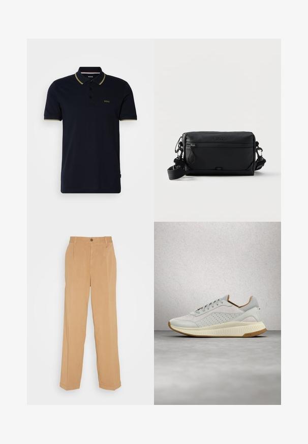 Polo bleu marine en coton, avec un col à deux boutons, des manches courtes et des accents vert olive sur le col et les poignets.; Pantalons larges beiges en tissu doux, dotés de deux poches avant, d'une fermeture à bouton et de plis le long des jambes.; Baskets BOSS blanches et beiges avec détails perforés, semelle et lacets beiges, présentées flottant au-dessus d'un sol gris réfléchissant.; Sac bandoulière rectangulaire noir avec poche avant zippée, sangle réglable et logo "BOSS" embossé en haut au centre.