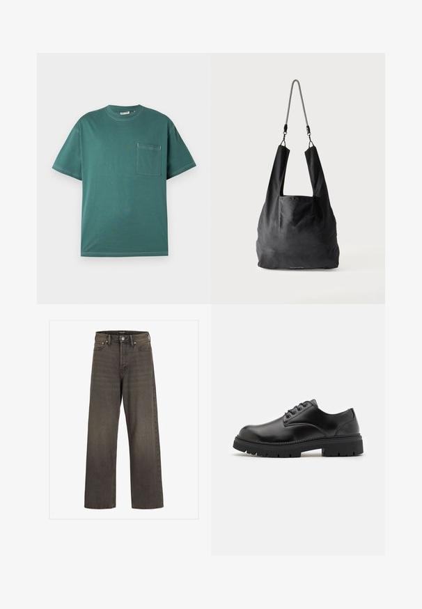 Türkisfarbenes T-Shirt mit kurzen Ärmeln, weißer Naht und einer Brusttasche auf der linken Seite, vor einem schlichten weißen Hintergrund präsentiert.; Weite Jeans aus dunkelgrauem Denim mit hoher Taille, klassischem Fünf-Taschen-Design und kontrastierendem Stepp entlang der Nähte.; Schwarze Lederschuhe mit runder Zehenform, Schnürdesign und einer dicken, strukturierten Gummisohle. Sie verfügen über eine Naht entlang des Randes und haben eine glatte Oberfläche.; Schwarze weiche Stofftragetasche mit breiten Griffen und einem dünnen schwarz-weißen geflochtenen Schulterriemen.